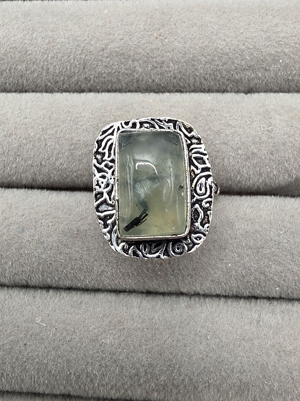 Silver Plated Prehnite Rectangular Gemstone Statement Ring Size 5 3/4